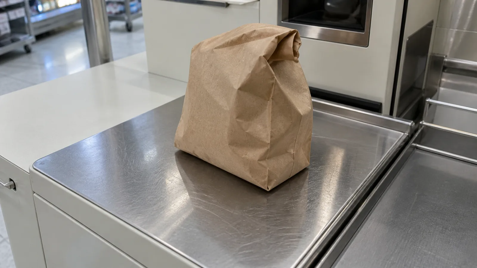 Kontrollvåg och packyta vid en självbetjäningskassa med en vara på vågen
