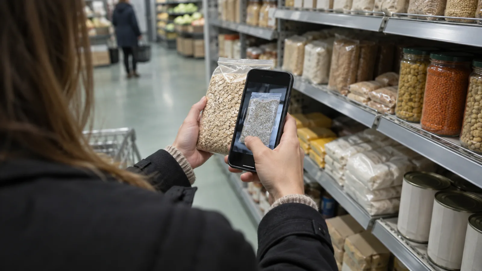 Kund som scannar en vara med sin mobiltelefon vid en hylla i en livsmedelsbutik